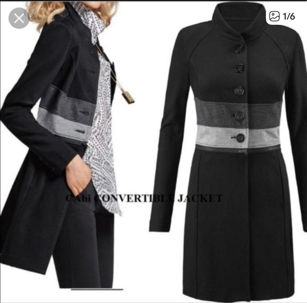 Cabi Convertible Jacket Women's SZ Medium Black Gray Longline Button Front 3174